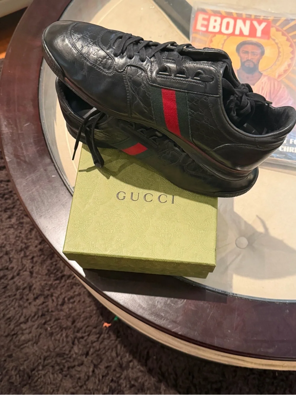 100% Authentic Gucci Men's Black Leather Sneakers with Signature Web Stripe
